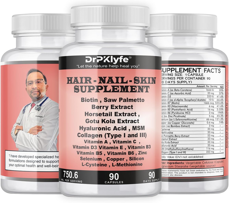 Hair, Nail And Skin Supplement Capsules:Biotin, Collagen, Collagen Peptides, Acid Hyaluronic, Biotin, Vitamin A, C, B5, B6 Saw Palmetto & More - 90 Capsules