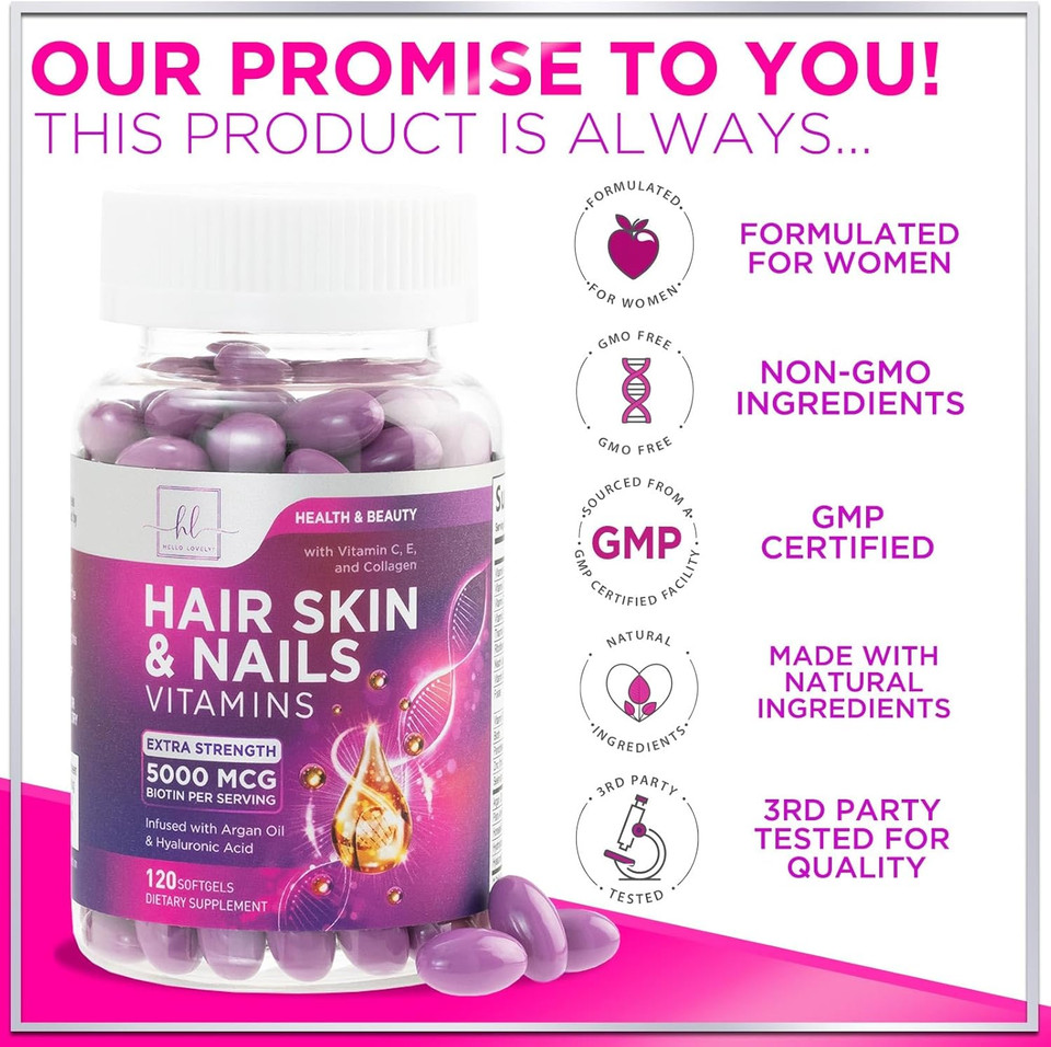 Hair, Skin & Nails Vitamins For Women - Biotin 5000Mcg To Support Hair Growth With Argan Oil, Collagen & Hyaluronic Acid, Beautiful, Stronger Skin, Hair & Nails Vitamin Supplement - 120 Softgels