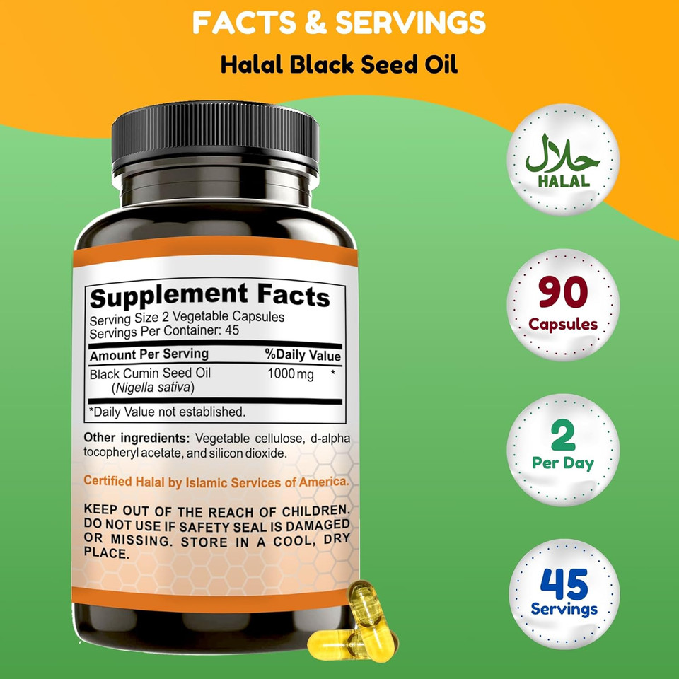 Halal Black Seed Oil | 1000Mg 45 Servings | Nigella Sativa, Kalonji | Supports Hair, Skin, Joints, Immune, Heart, Digestion