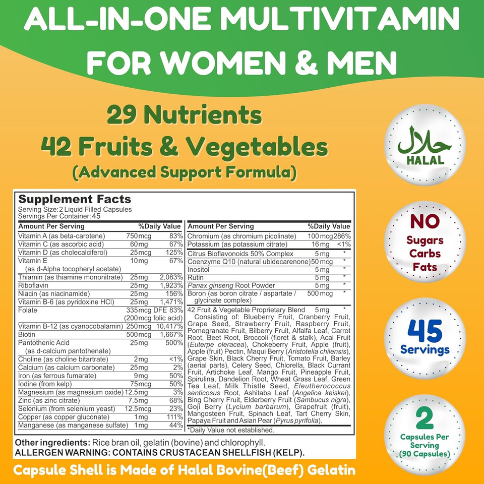 Halal Vitamins, Multivitamin For Women & Men  Comprehensive Support For Heart, Brain, Eye & Immune Health  Gluten, Dairy & Egg Free Mens Vitamins Multivitamin (45 Day Supply)