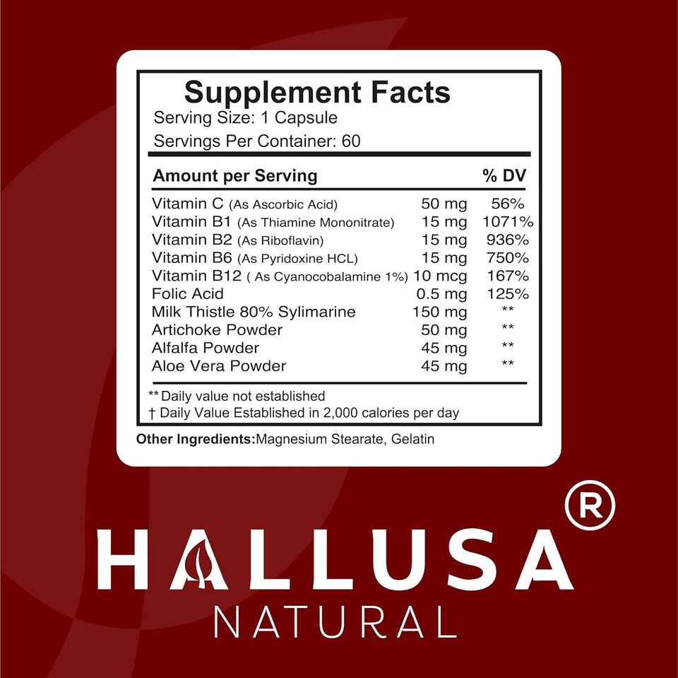 Halliver Liver Support Supplement  Milk Thistle Silymarin With Vitamin C, B1, B2, B6, Folic Acid, Artichoke, Alfalfa & Aloe Vera  Liver Cleanse & Detox  60 Capsules  Non-Gmo, Gluten-Free