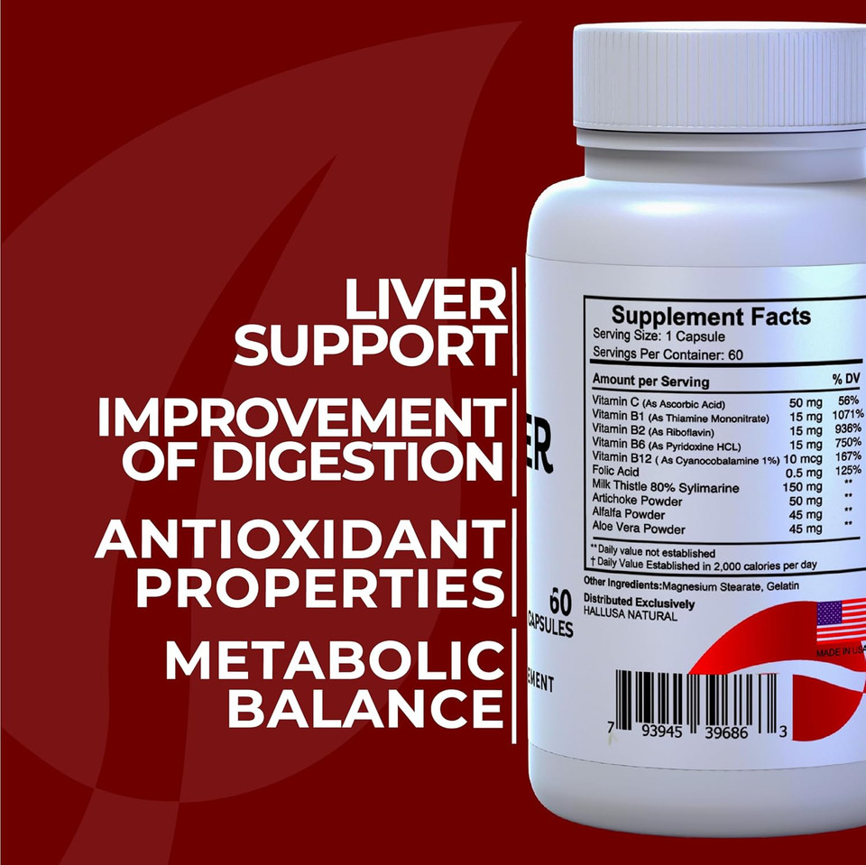 Halliver Liver Support Supplement  Milk Thistle Silymarin With Vitamin C, B1, B2, B6, Folic Acid, Artichoke, Alfalfa & Aloe Vera  Liver Cleanse & Detox  60 Capsules  Non-Gmo, Gluten-Free