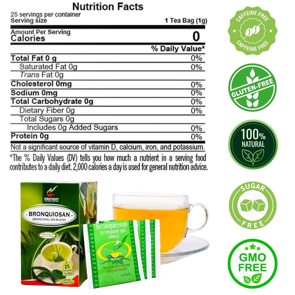 Hanan Bronchial Wellness 25 Tea Bags - Bronquiosan For Respiratory Lung Health Blend Of Dried Eucalyptus Leaves, Cat'S Claw Herbal Supplement, Lungwort Herb From Peru