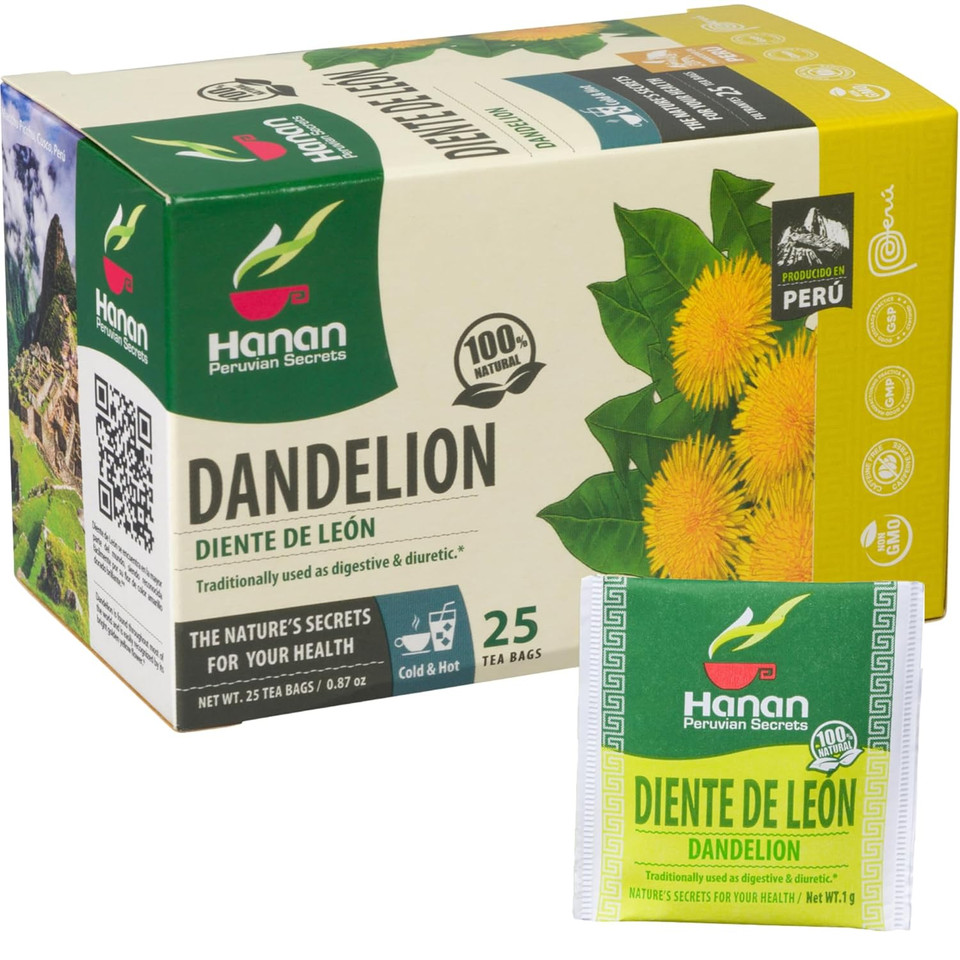Hanan Dandelion Root Tea 25 Herbal Teabags - Support Kidney Function, Liver Cleanse Detox & Repair, Digestion Tea - Diente De Leon Dandelion Leaves From Peru  Te De Diente De Leon