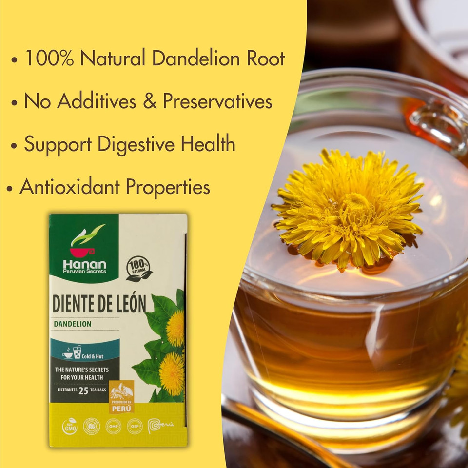 Hanan Dandelion Root Tea 25 Herbal Teabags - Support Kidney Function, Liver Cleanse Detox & Repair, Digestion Tea - Diente De Leon Dandelion Leaves From Peru  Te De Diente De Leon