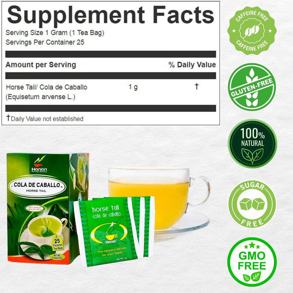 Hanan Horsetail Tea (Cola De Caballo) - 25 Teabags Of All-Natural Horse Tail From Peru A.K.A. Shavegrass, Snake Grass, Equisetum, Puzzlegrass