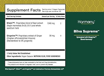 Harmony Nutraceuticals Bilva Supreme - Synergized With Gingerine Ayurvedic Medicine To Support Healthy Digestive System - 120 Vegan Capsules