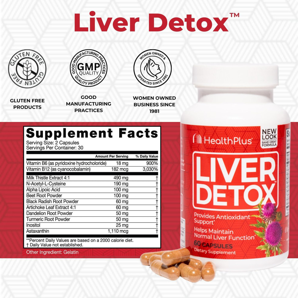 Health Plus, Liver Detox, Natural Herbal Liver Support & Detox Supplement With Milk Thistle, Dandelion And Turmeric Root, 60 Capsules