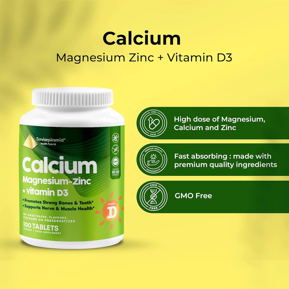 Health Pyramid Calcium Magnesium Zinc With Vitamin D3 Supplement For Strong Bones And Teeth Cal Mag Zinc Supports Nerve And Muscle Health 100 Vegan Tablets