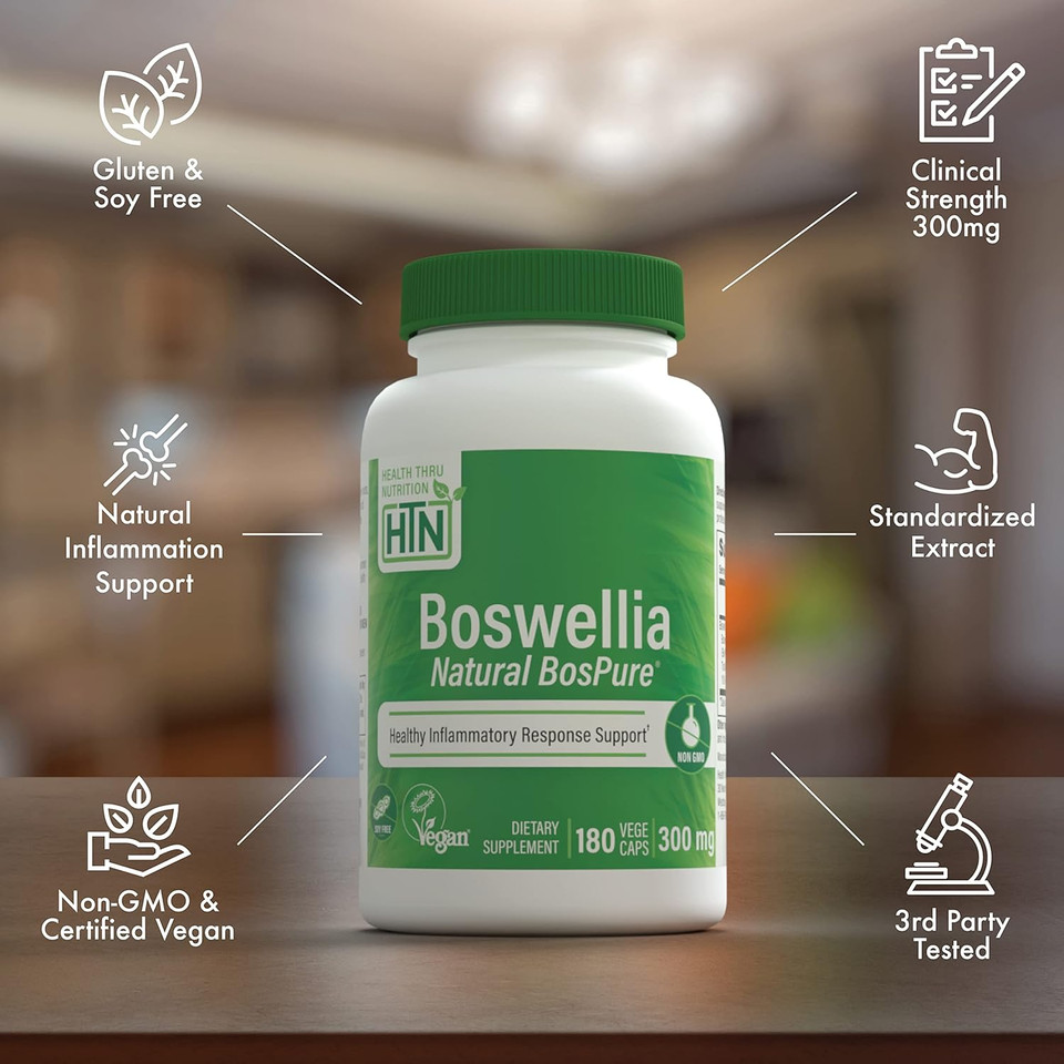 Health Thru Nutrition Boswellia 300Mg 60 Capsules As Bospure Akbamax | High Potency 75% Boswellic Acids 10% Akba | Healthy Mobility Support | Vegan Certified | Non-Gmo, Gluten Free, Soy Free