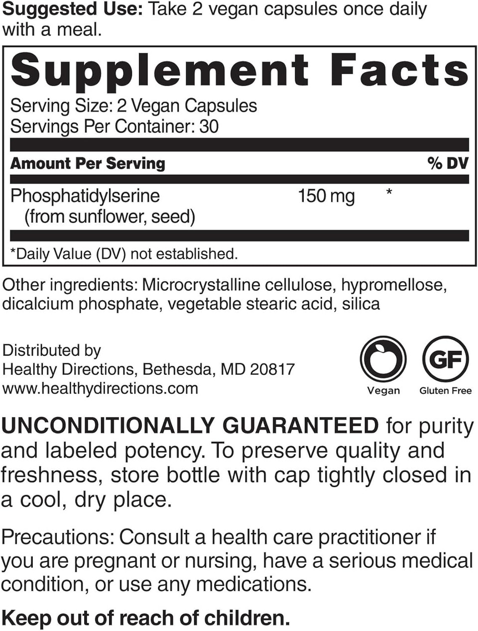 Healthy Directions Phosphatidylserine Supplement150 Mg/Serving, 60 Vegan Capsules For Cognitive Health, Brain Function, And Healthy Memory (30-Day Supply)
