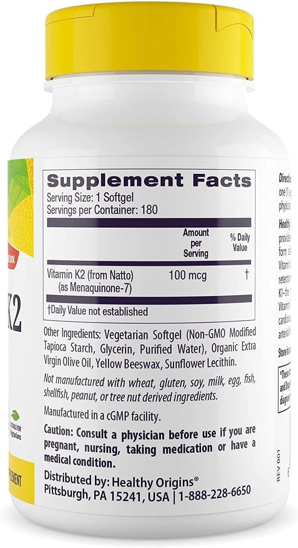 Healthy Origins Vitamin K2 100 Mcg (Mk-7, Non-Gmo, Gluten Free, Cardiovascaular Support, Bone Support), 180 Veggie Gels