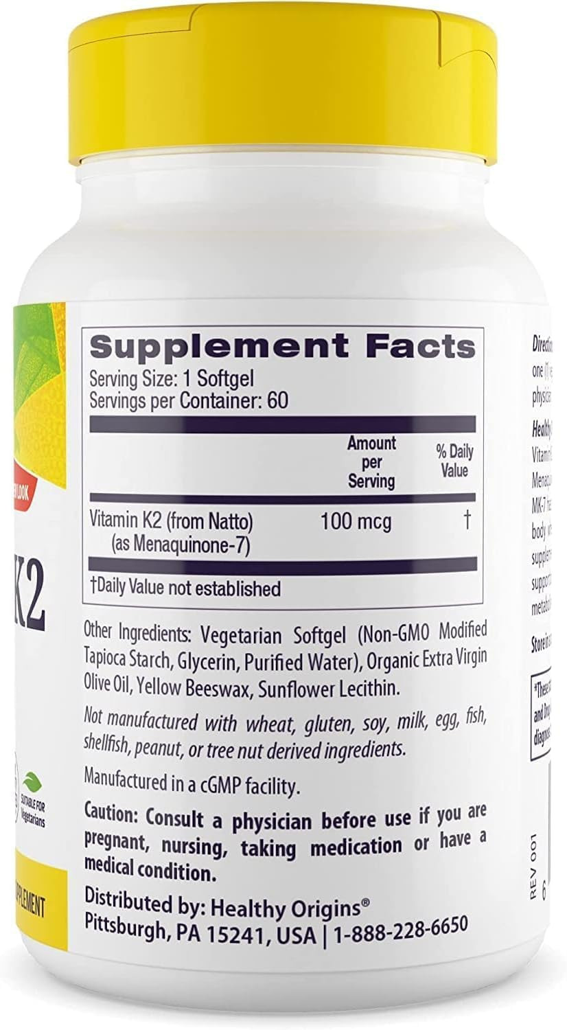 Healthy Origins Vitamin K2 100 Mcg (Mk-7, Non-Gmo, Gluten Free, Cardiovascaular Support, Bone Support), 60 Veggie Gels