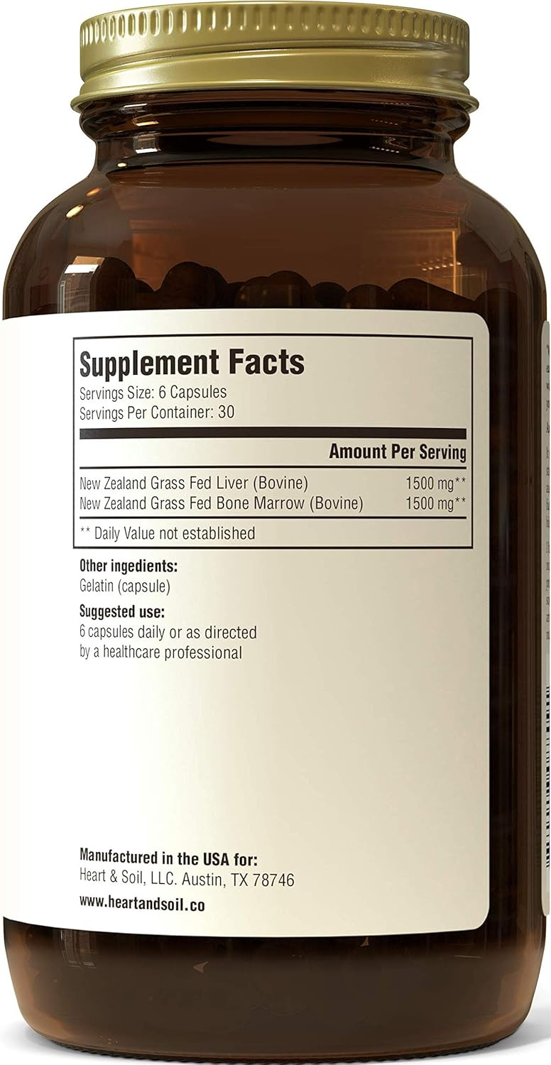 Heart & Soil - Grass-Fed Bone Marrow And Beef Liver Supplement  3000Mg, Desiccated Organ Blend For Mood, Bone, Joint, Tissue, Skin Health - Non-Gmo, Allergen-Free  180 Capsules
