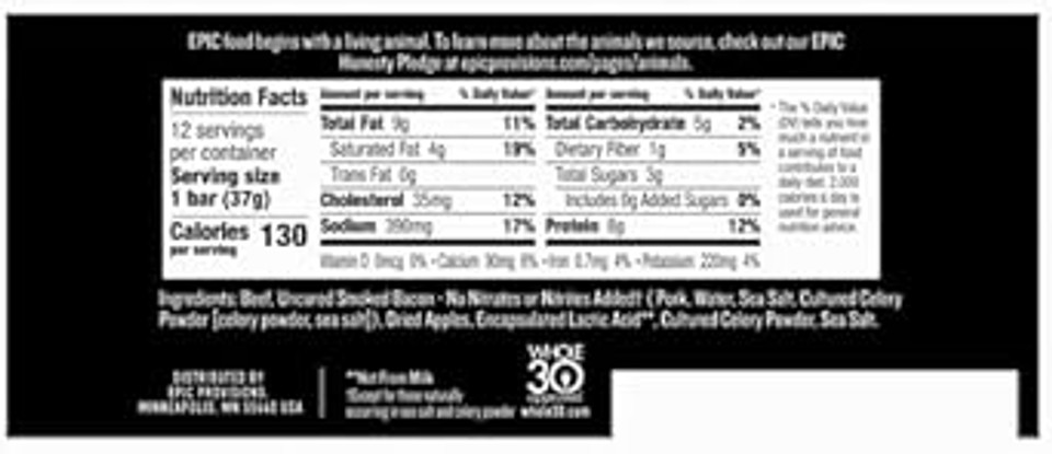 Epic Beef Apple Bacon Bars, Whole30, Paleo Friendly, 12 Ct