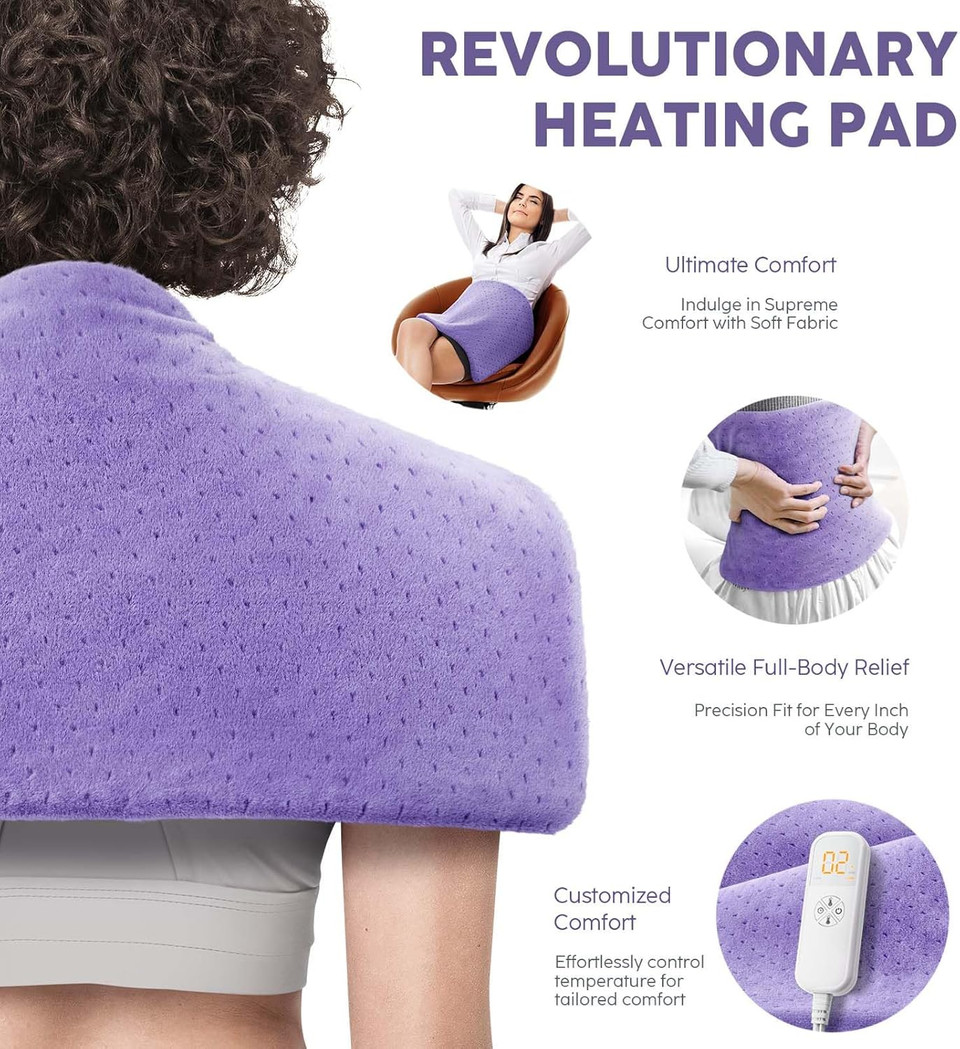 Heating Pad For Back Pain & Cramps, 24"X 20" Electric Heating Pad For Shoulder,Neck,Cramp, Menstrual Pain, Christmas Gifts For Women Men Mom Dad, Auto-Off, Machine Washable, Moist/Dry Heat Pad, Purple