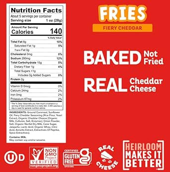 Heirloom Baked Fiery Cheddar Fries By Pipcorn - 1Oz 24Pk - Healthy Snacks, Gluten Free Snacks, Non-Gmo, Upcycled Heirloom Corn Flour, Vegan