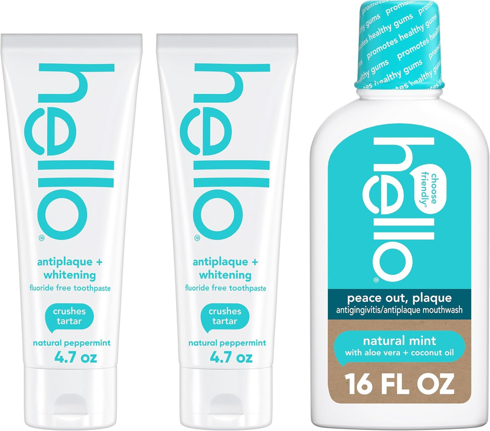 Hello Antiplaque And Whitening Fluoride Free Toothpaste And Naturally Healthy Antigingivitis Mouthwash, Alcohol Free, Vegan, Sls Free And Gluten Free, 4.7 Ounce Tubes, 16 Ounce Bottle