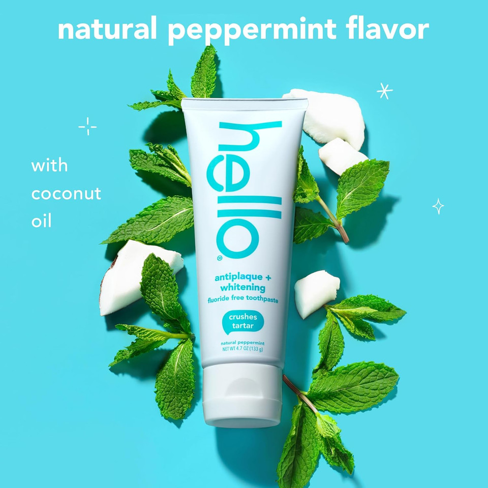 Hello Antiplaque And Whitening Fluoride Free Toothpaste And Naturally Healthy Antigingivitis Mouthwash, Alcohol Free, Vegan, Sls Free And Gluten Free, 4.7 Ounce Tubes, 16 Ounce Bottle