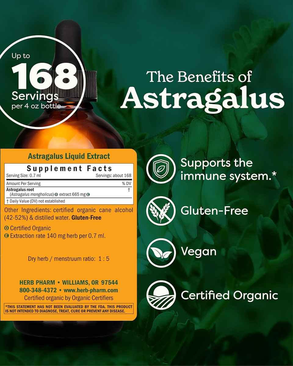 Herb Pharm Certified Organic Astragalus Liquid Extract For Immune System Support - 1 Oz