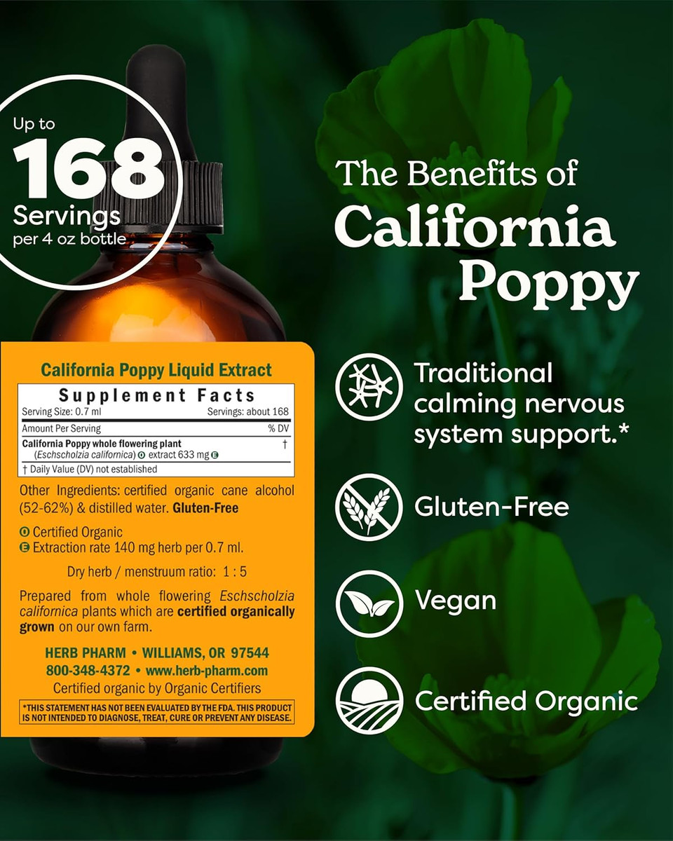 Herb Pharm Certified Organic California Poppy Liquid Extract For Calming Nervous System Support - 4 Ounce