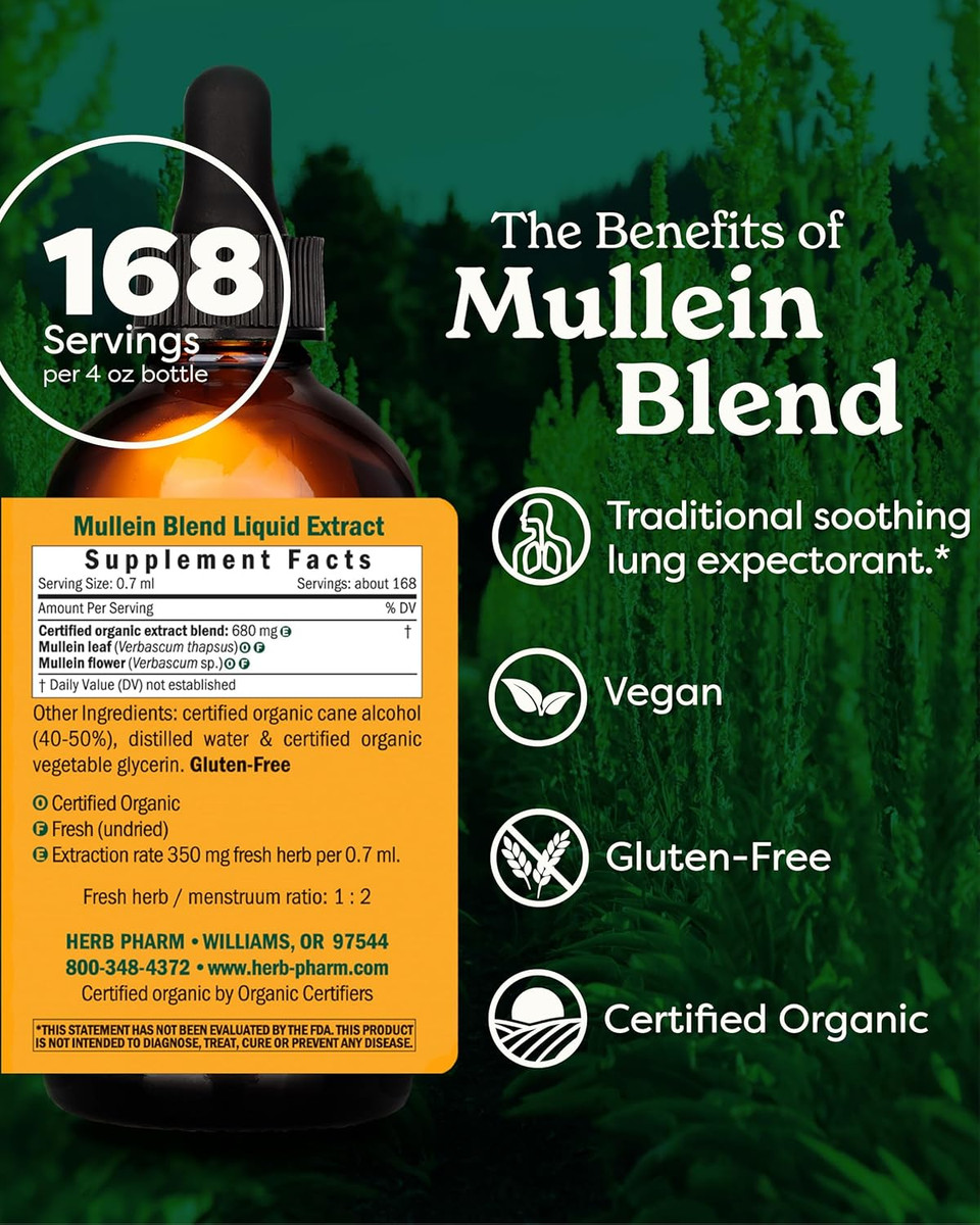 Herb Pharm Certified Organic Mullein Blend Liquid Extract For Respiratory System Support - 4 Ounce