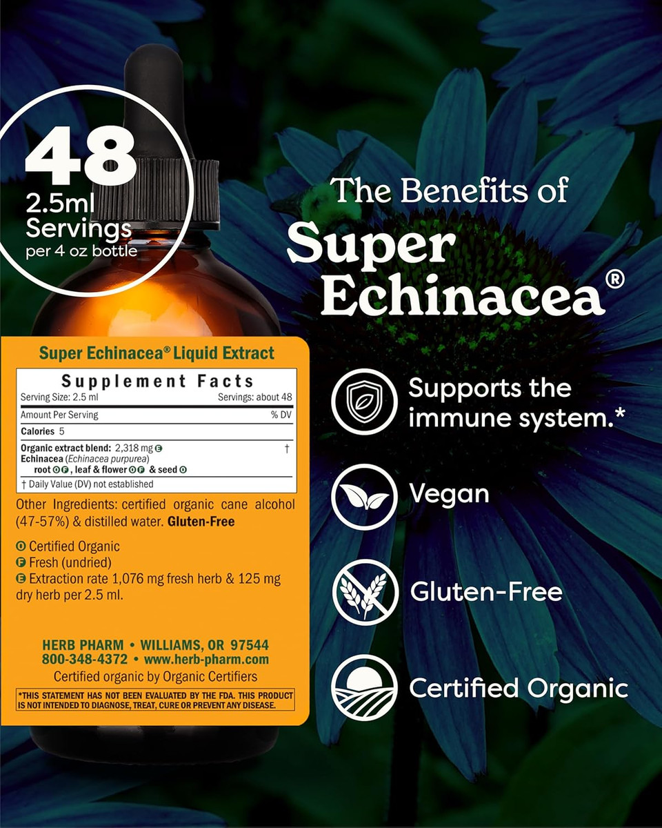 Herb Pharm Certified Organic Super Echinacea Liquid Extract For Active Immune System Support - 4 Oz