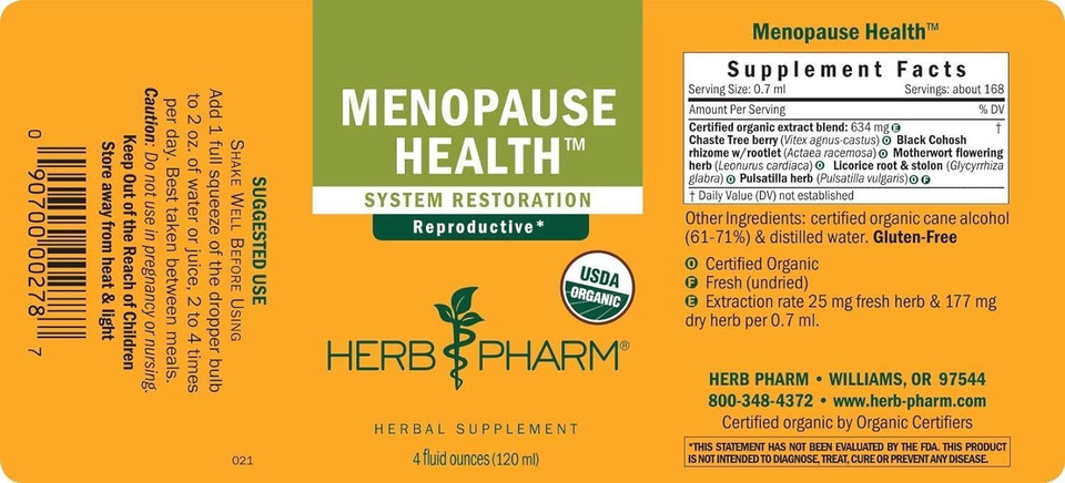 Herb Pharm Menopause Health: WomenS Supplement, Vitex Chaste Tree Berry & Black Cohosh Tincture For Women, Supports The Reproductive System, Vegan, Gluten-Free, Herbal Female Health Supplement, 4 Oz