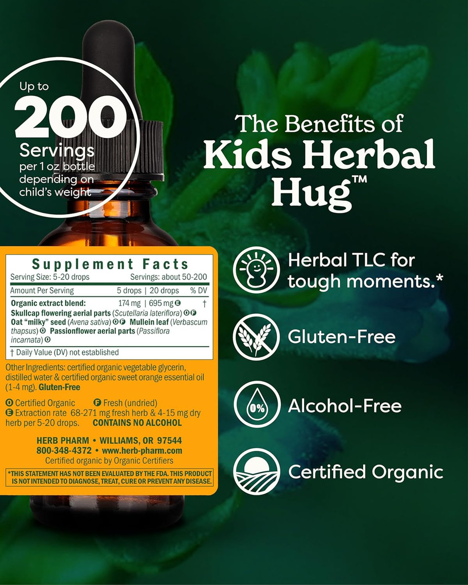 Herb Pharm Organic Kids Herbal Hug: Nervous System Support With Skullcap, Passionflower, Mullein & Oat Seed | Fast-Absorbing & Alcohol-Free, Kid-Friendly Taste, Extract For Kids, 1 Oz