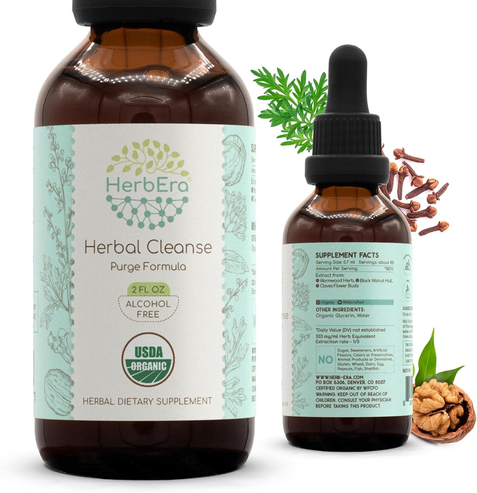 Herbal Cleanse Organic Alcohol-Free Tincture | Detox And Cleanse Formula, Extract Supplement | Organic Wormwood Herb, Black Walnut Hull, Cloves Flower Buds | Purge Extract (2 Fl Oz)