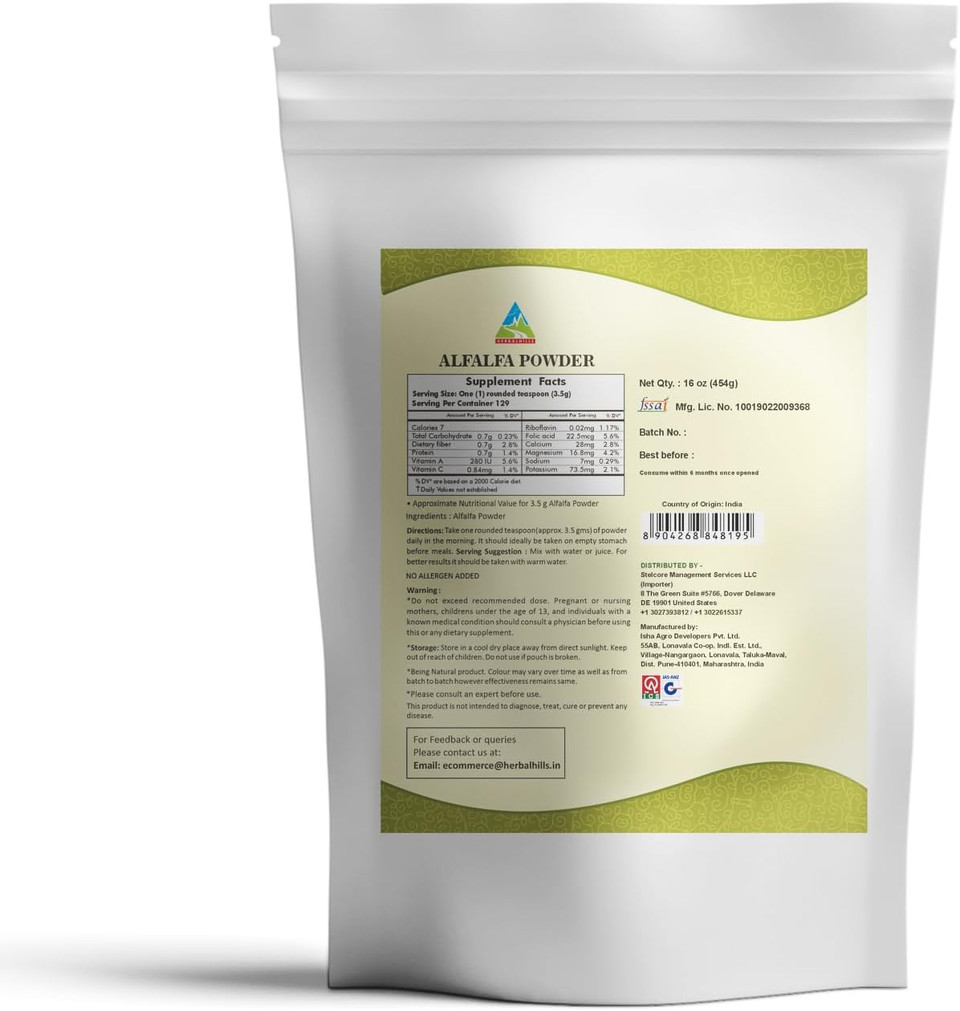 Herbal Hills Alfalfa Powder | 16 Oz (454 Gms) | Green Superfood Dried Whole Young Leaves