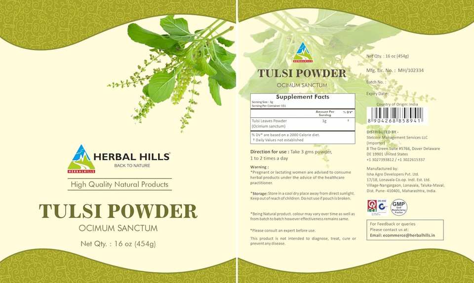 Herbal Hills Tulsi Powder Holy Basil Leaf Powder | 16 Oz (454 Gms) | Herbal Tea