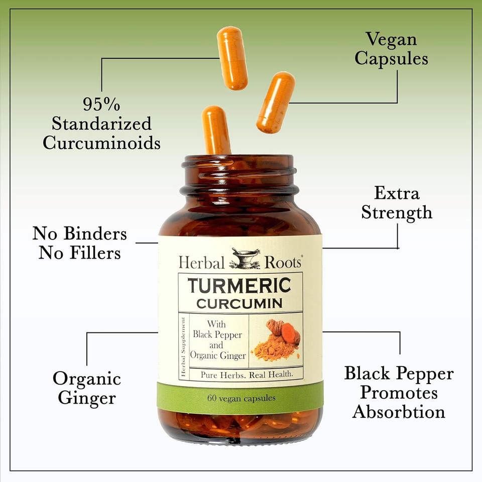 Herbal Roots - Turmeric Curcumin Capsules - Extra Strength - 1000Mg Pure Organic Turmeric Supplement, 95% Standardized Curcumin Extract With Bioperine Pepper And Ginger