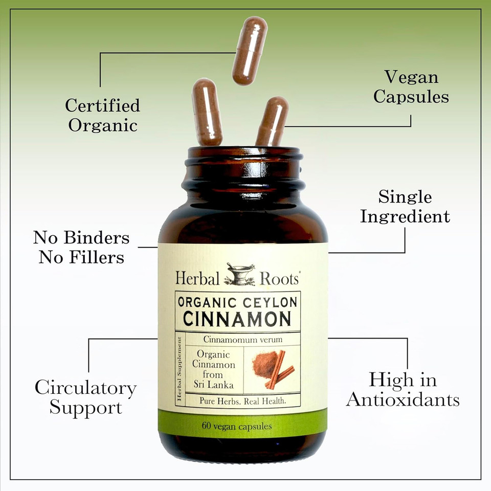 Herbal Roots Organic Ceylon Cinnamon Capsules | Usda Certified Organic - Non-Gmo | 60 Organic Vegan Capsules