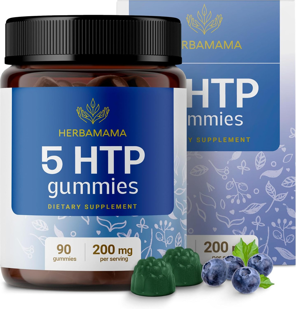 Herbamama 5-Htp Gummies - 200Mg 5-Hydroxytryptophan Relaxation & Calm Gummies For Adults - Vegan, Non-Gmo Brain Support Supplement - 90 Pectin-Based Blueberry-Flavored Chews