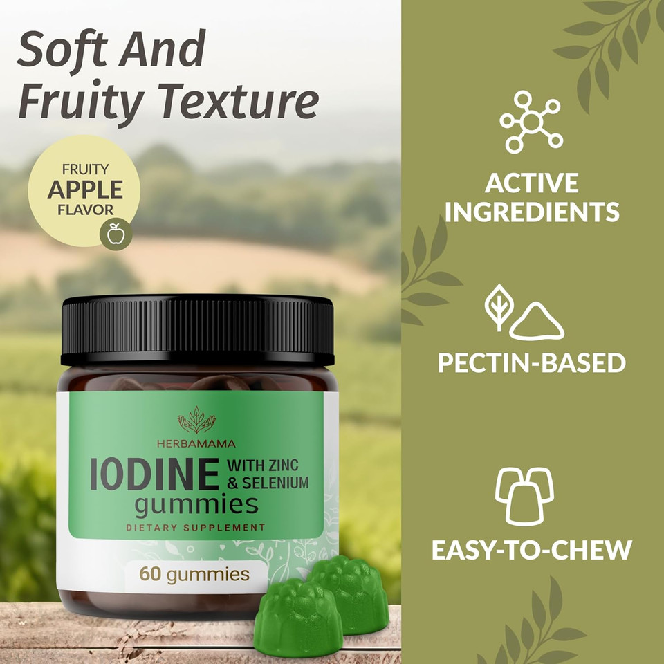 Herbamama Iodine Gummies - Potassium Iodine, Zinc & Selenium For Immune Defense & Brain Support - Vegan, Non-Gmo Immune Support Supplement - 60 Pectin-Based Apple-Flavored Chews