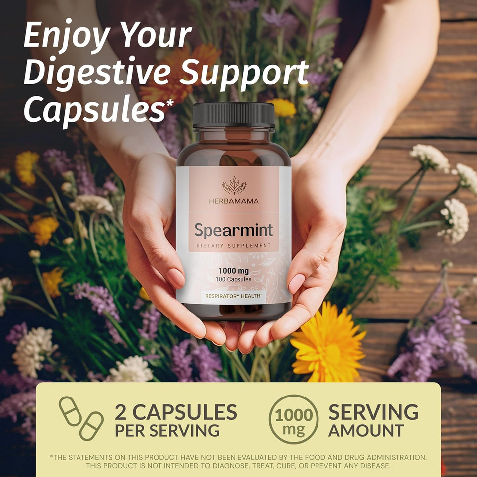Herbamama Spearmint Leaf Capsules - 1000Mg Spearmint Leaves For Gut Cleanse & Digestive Support - Vegan, Non-Gmo Mentha Spicata Supplement 100 Caps