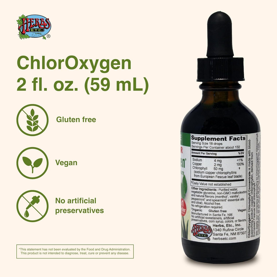 Herbs Etc. Chloroxygen Chlorophyll Concentrate - Highly-Concentrated Energy Support - Aids Healthy Blood Circulation - Natural Vitality Support - Alcohol-Free - 1 Fl Oz, Mint (About 66 Servings)