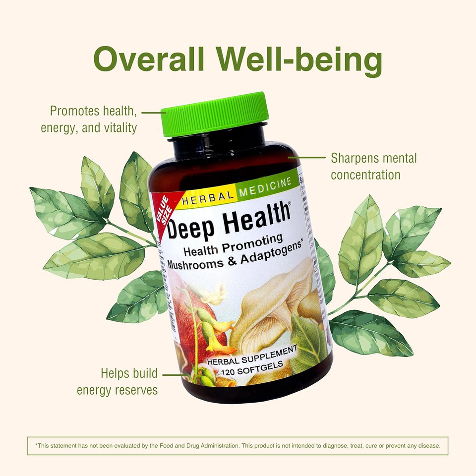 Herbs Etc. Deep Health - Daily Use Adaptogen Supplement - Aids Immune Health & Energy - With Reishi Mushroom - 120 Softgels (120 Servings)