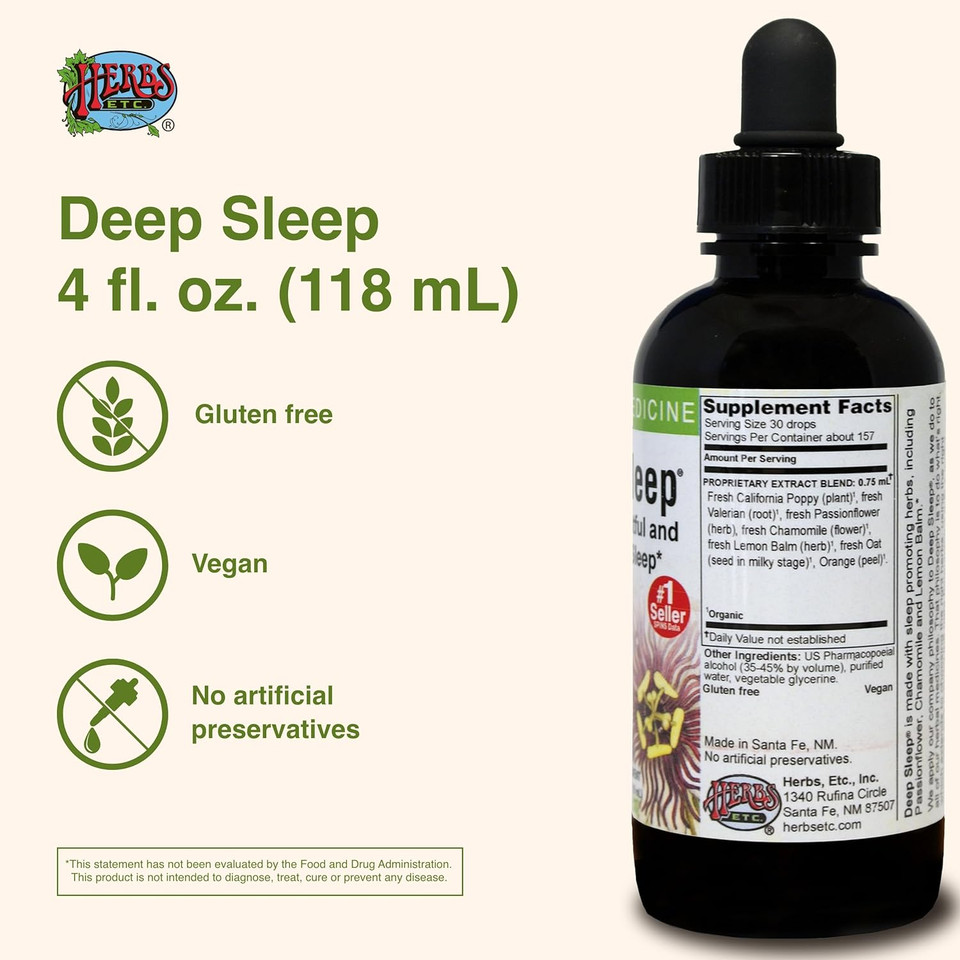 Herbs Etc. Deep Sleep Classic Liquid Extract - Herbal Supplement For Natural & Gentle Sleep Support - Restful Sleep Supplement With Passionflower, Chamomile & Lemon Balm - 4 Fl Oz (157 Servings)