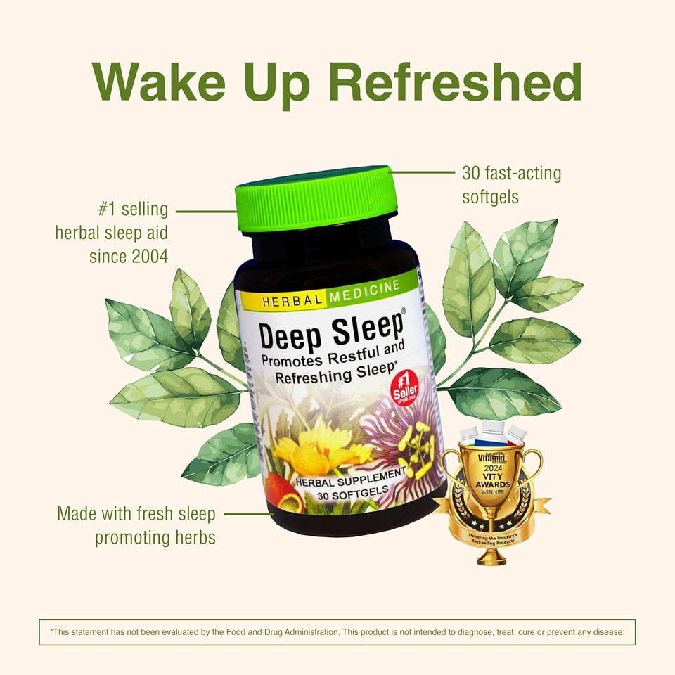 Herbs Etc. Deep Sleep Softgels - Herbal Sleep Support Supplement - Rest & Calming Support With Passionflower, Chamomile & Lemon Balm - 30 Softgels (30 Servings)