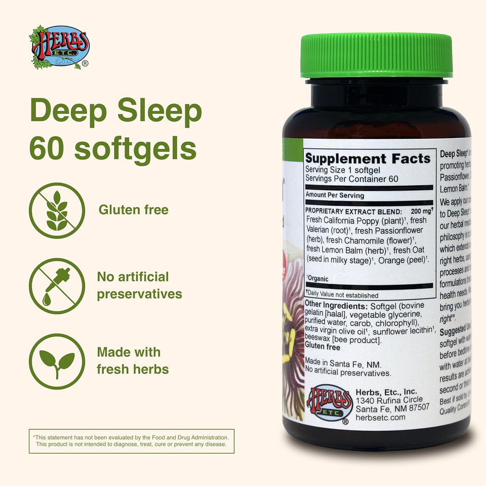 Herbs Etc. Deep Sleep Softgels - Herbal Sleep Support Supplement - Rest & Calming Support With Passionflower, Chamomile & Lemon Balm - 60 Softgels (60 Servings)