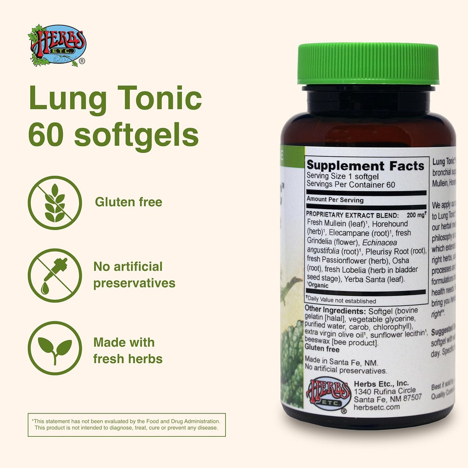 Herbs Etc. Lung Tonic - Lung Supplement For Bronchial Support - Healthy Breathing Support With Mullein, Horehound & Grindelia - 60 Softgels