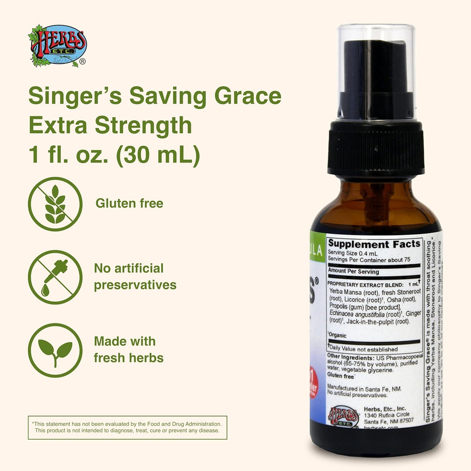 Herbs Etc. Singer'S Saving Grace Extra Strength - Herbal Remedy Spray Aids Throat Comfort & Health - Soothing Hydrating Throat Support - Throat Relief Spray With Licorice - 1 Fl Oz (About 75 Serving)
