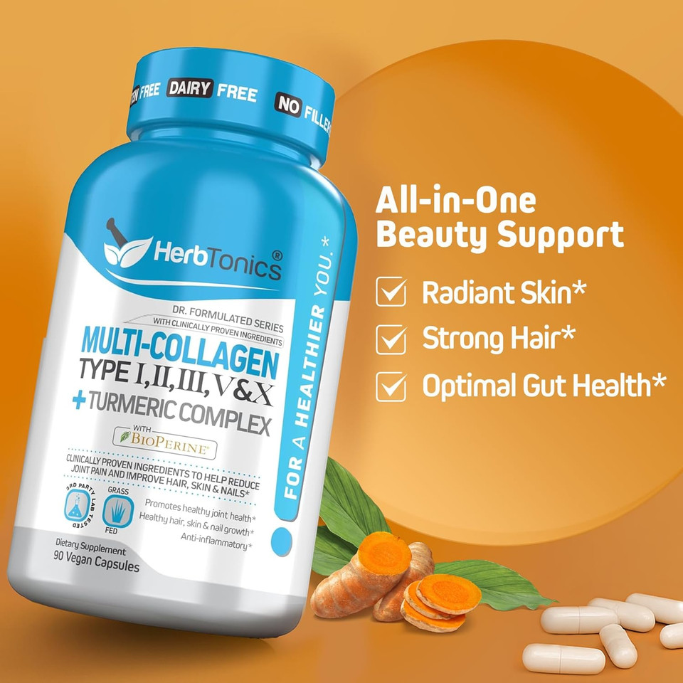Herbtonics Multi Collagen + Turmeric Complex  Hydrolyzed Multi-Collagen (Types I, Ii, Iii, V, X) Capsules With 95% Curcuminoids & Bioperine  Supports Skin, Hair & Gut Health  90 Veg Capsules