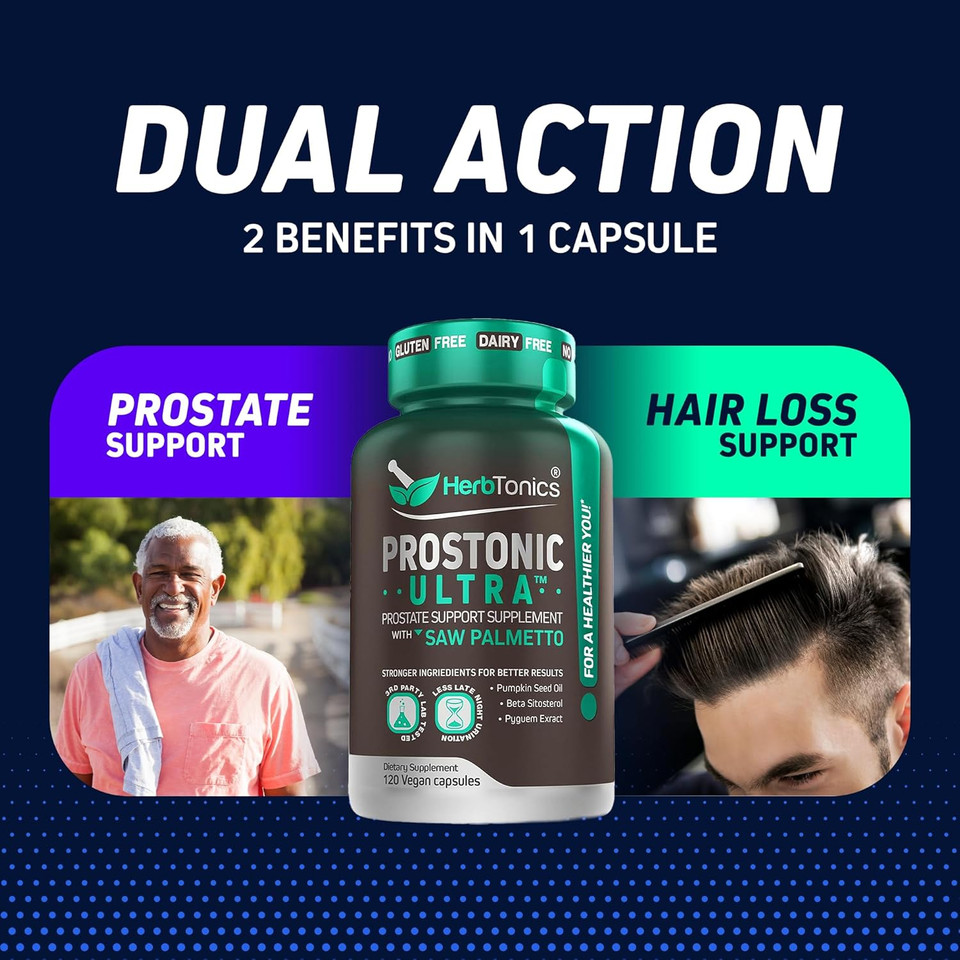 Herbtonics Prostonic Ultra: Dual Prostate & Hair Support For Men  Saw Palmetto, Beta-Sitosterol, Pumpkin Seed  Promotes Urinary Health & Natural Dht Blocking  120 Capsules