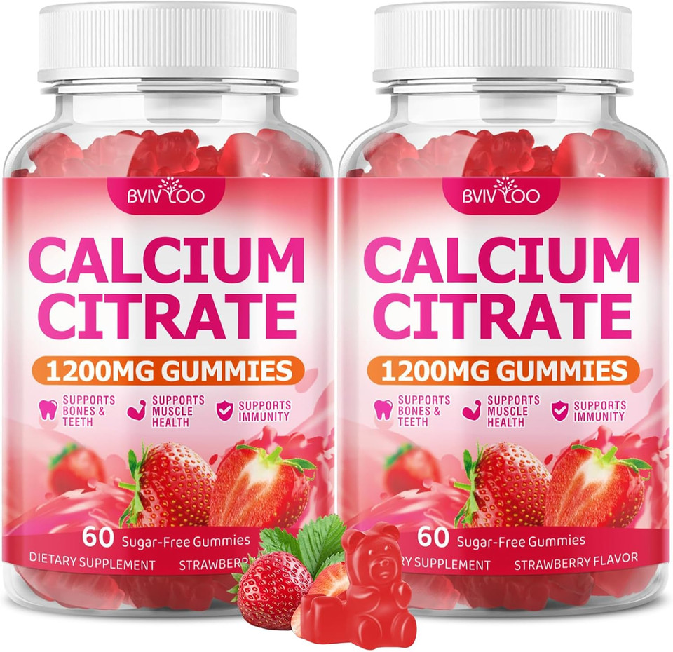High Absorption Calcium Citrate Gummies 1200Mg - Bone & Teeth Support For Adults & Kids, Vegan Sugar-Free Gummies, Strawberry Flavor, 60 Count