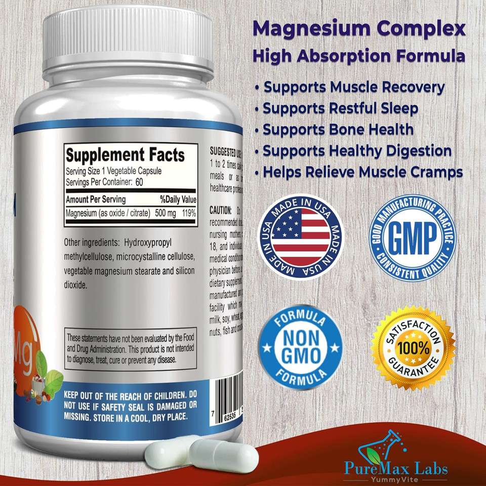 High Absorption Magnesium Citrate Complex 500Mg Magnesium Citrate & Oxide  Supports Calm Sleep, Muscle Cramp Relief, Muscle Recovery, Healthy Teeth & Bones, Non-Gmo  60 Vegetable Capsules