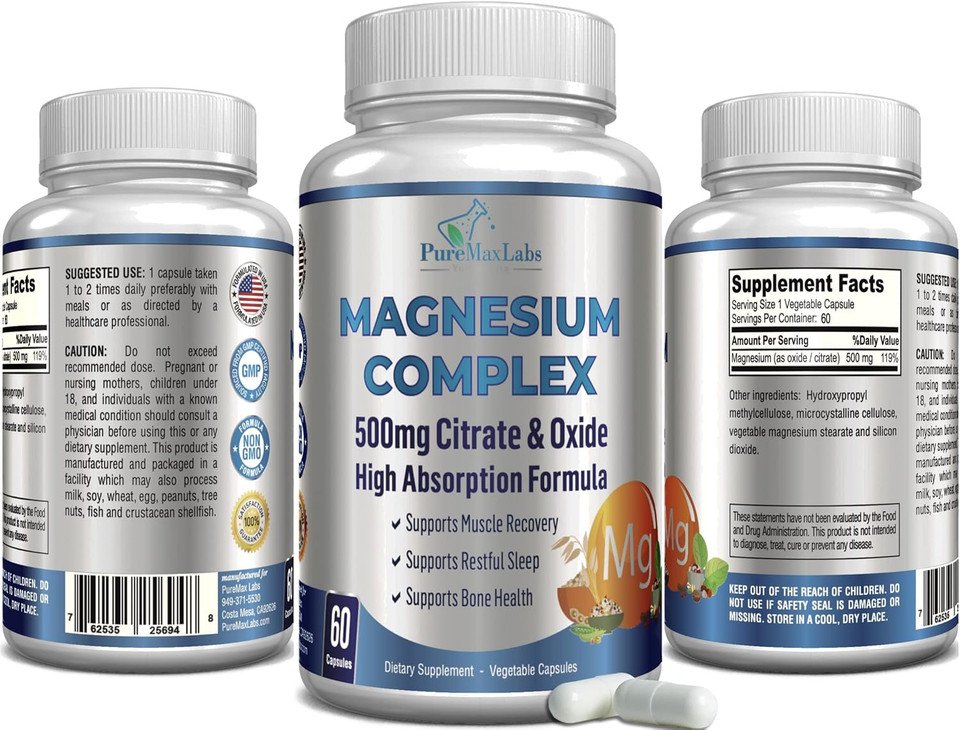 High Absorption Magnesium Citrate Complex 500Mg Magnesium Citrate & Oxide  Supports Calm Sleep, Muscle Cramp Relief, Muscle Recovery, Healthy Teeth & Bones, Non-Gmo  60 Vegetable Capsules