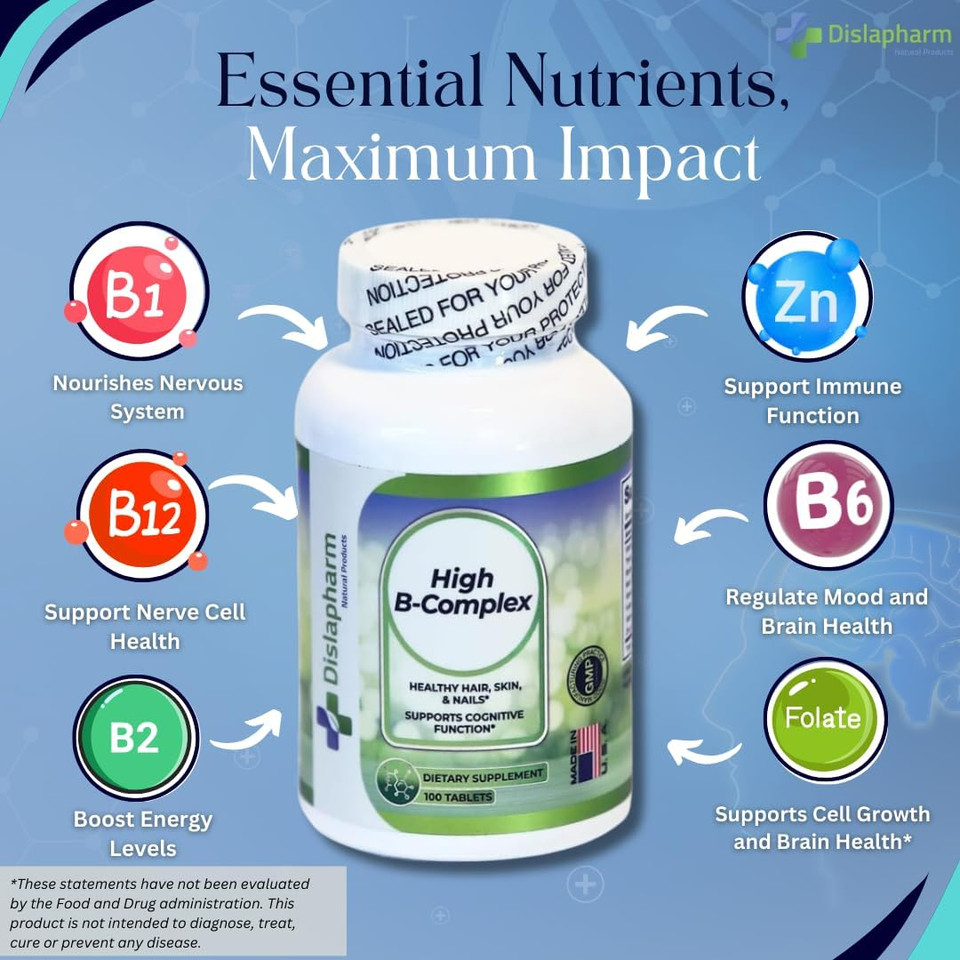 High B Complex Vitamins For Women With Riboflavin, Vitamin B2, B6, B12, B1, Vitamin B Complex Support Brain Health, Immune System, Hair, Skin & Nails Health, Bone, Joint & Energy Support - 100 Tablets